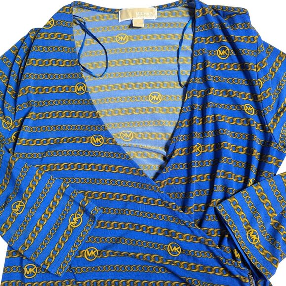 Michael Kors Womens Chain Print Dress  Blue/Gold Polyester Spandex Medium - Picture 1 of 10